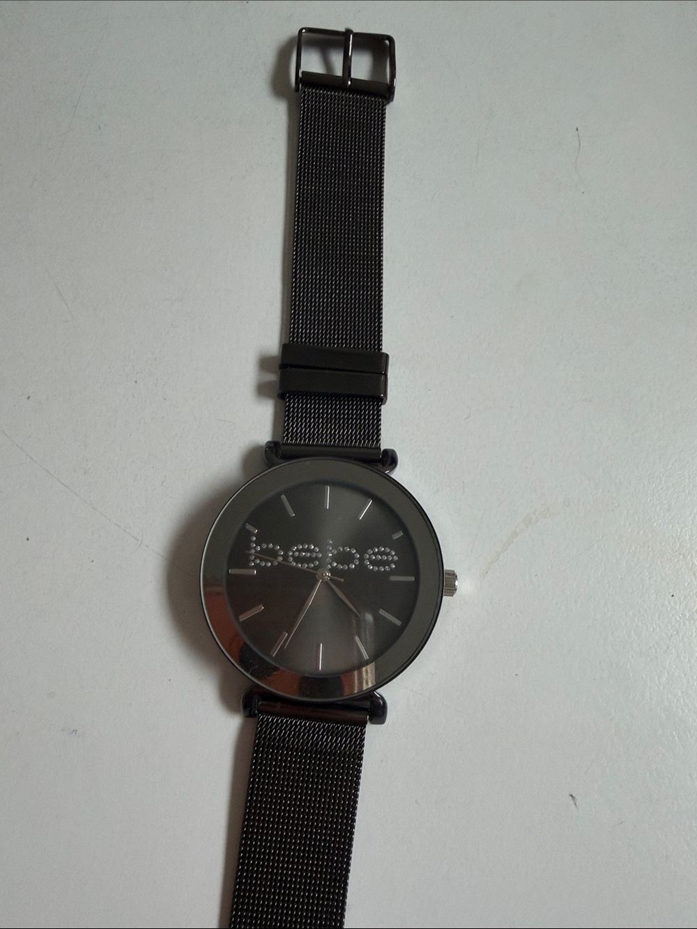 bebe Black Stainless Mesh Band Watch with Crystal Logo  needs battery